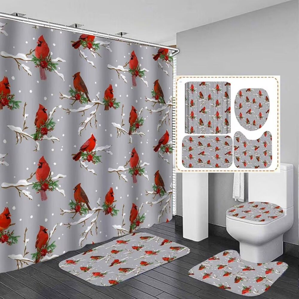 4 Piece Christmas Cardinal Shower Curtain & Rug Set NEW